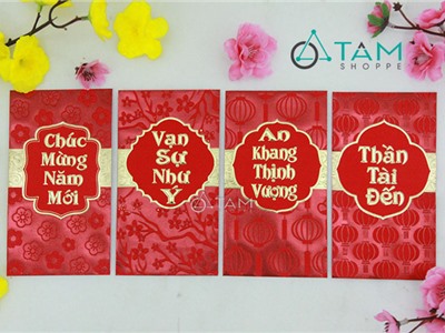 Xấp 6 bao lì xì đỏ ép kim nguyên tờ tiền số 02